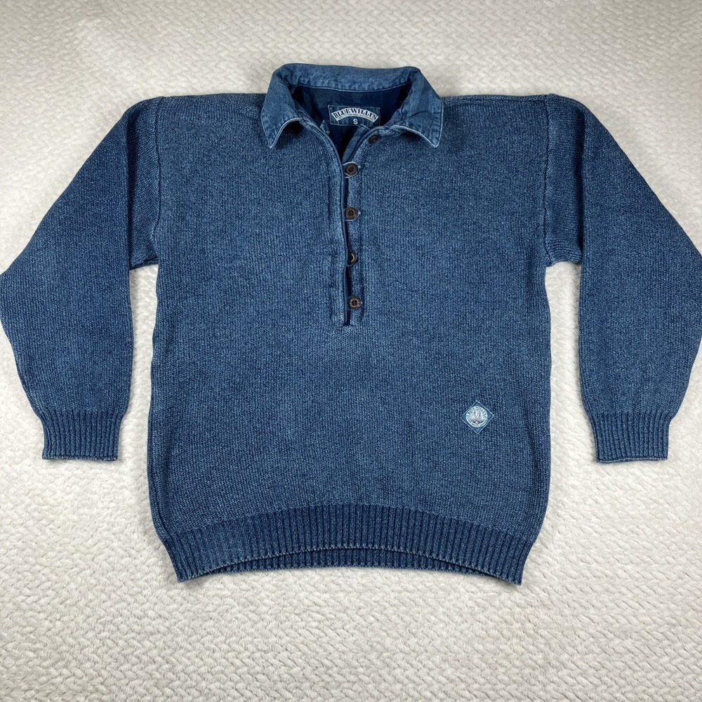 Vintage Blue Willis Denmark Denim & Knit Sweater Small Grandpa 1/4 Henley‎
